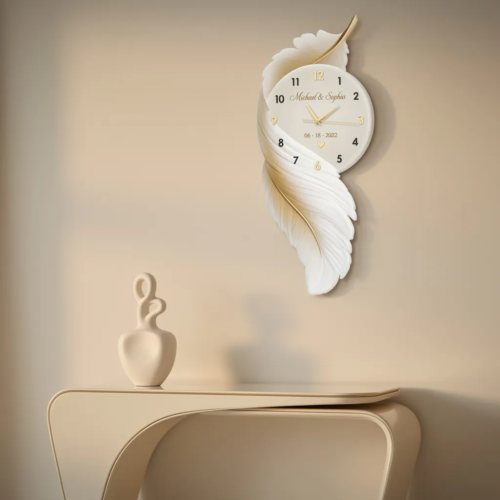 Personalized feather wall clocks, customizable with names and dates—perfect for couples or families as commemorative clocks.