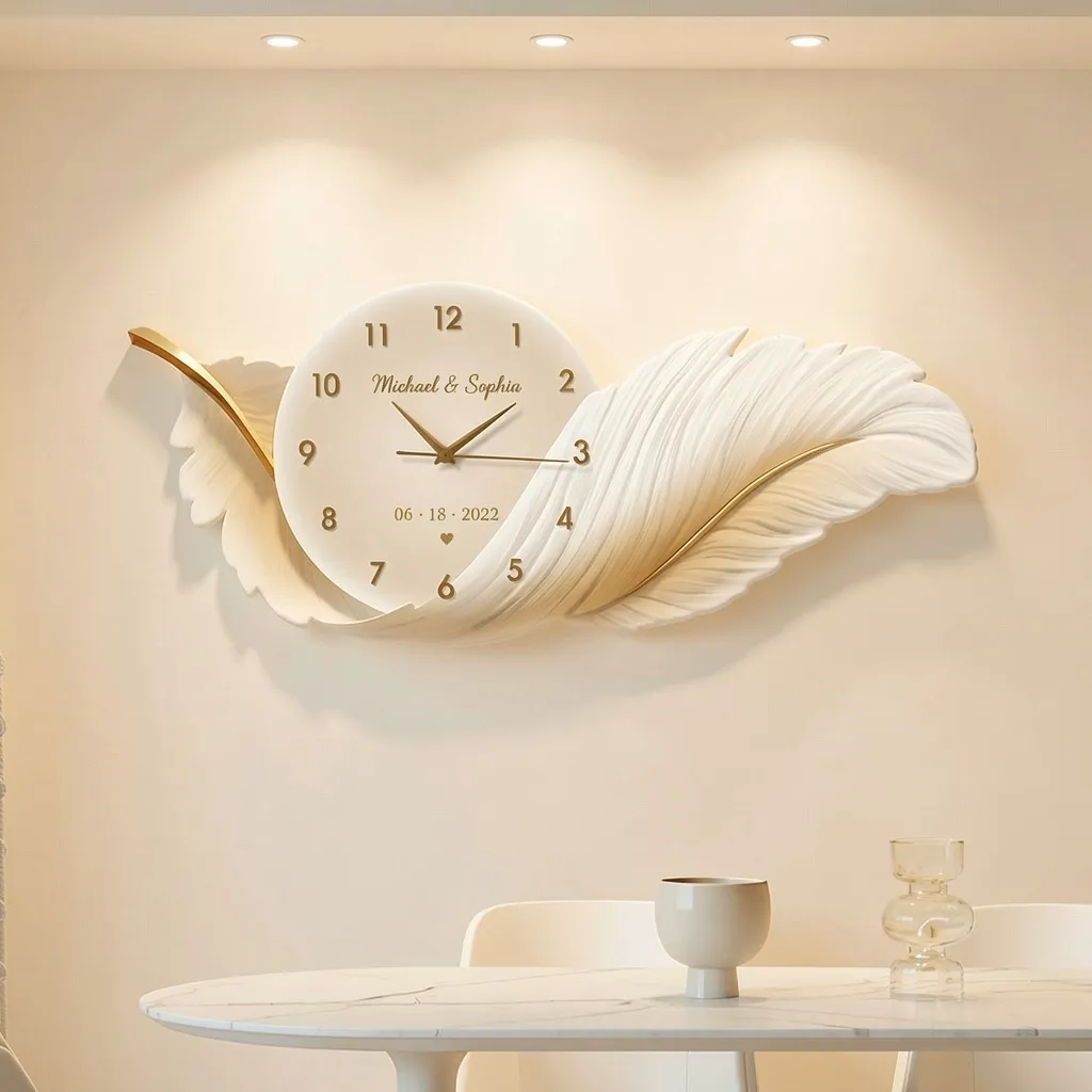 Personalized feather wall clocks, customizable with names and dates—perfect for couples or families as commemorative clocks.