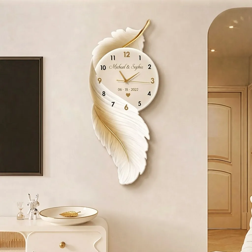 Personalized feather wall clocks, customizable with names and dates—perfect for couples or families as commemorative clocks.