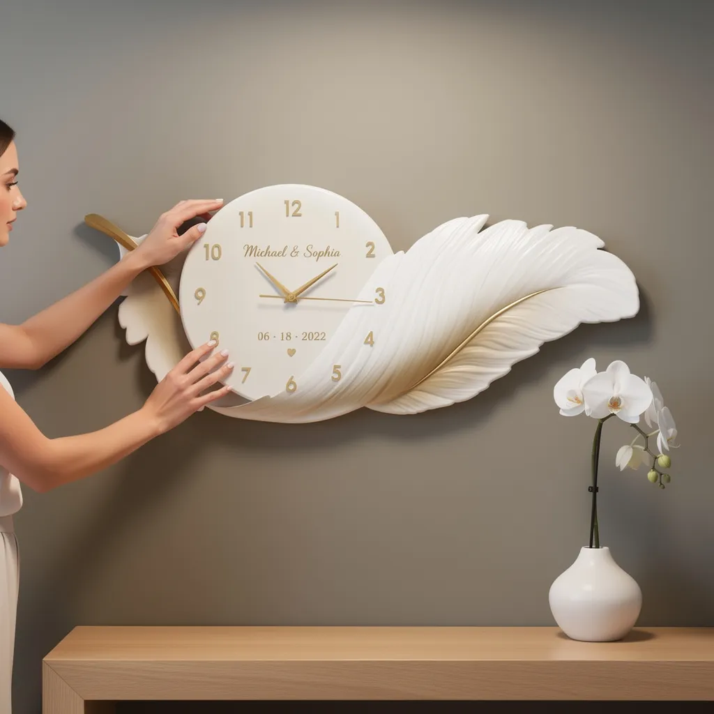 Personalized feather wall clocks, customizable with names and dates—perfect for couples or families as commemorative clocks.