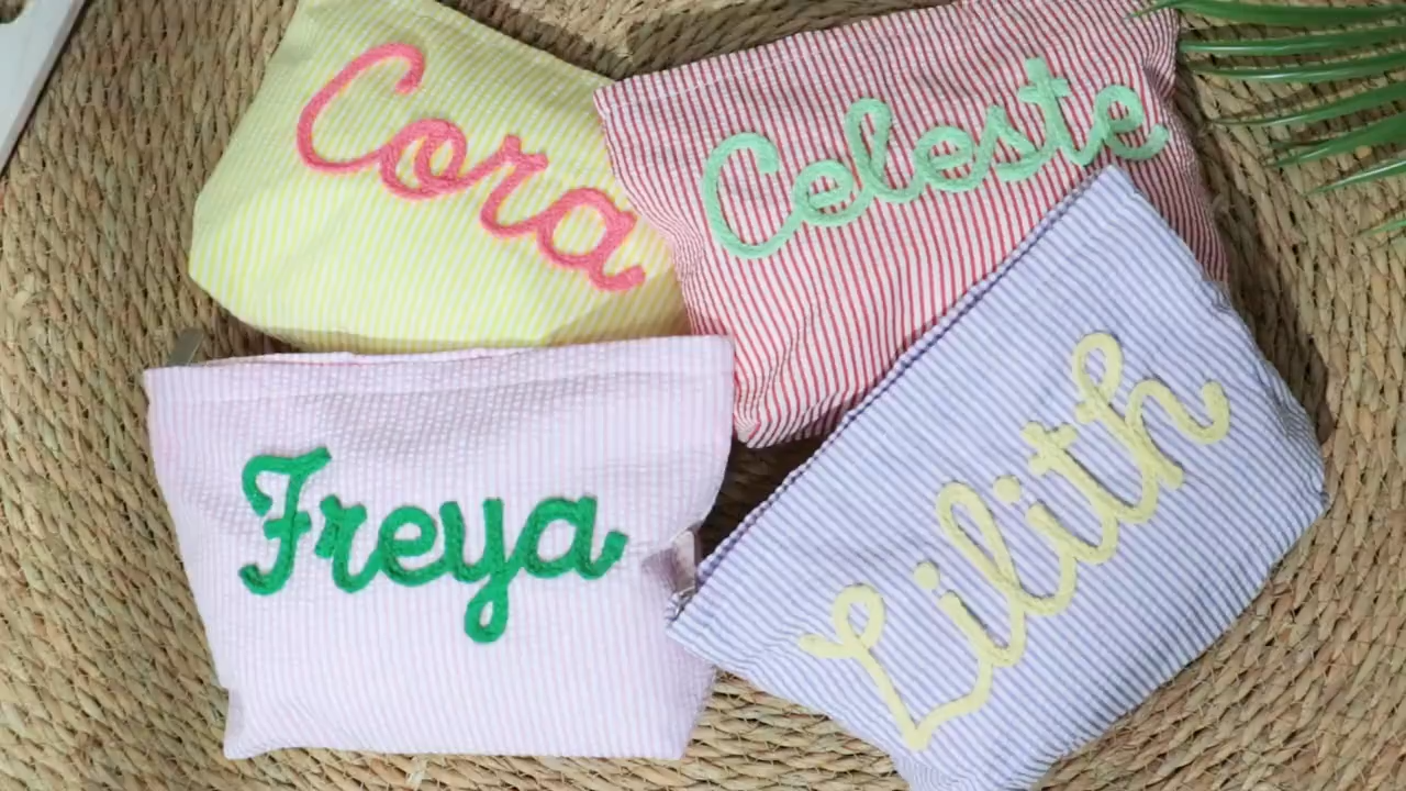 Customized seersucker cosmetic bag, vacation travel organizer, personalized chenille name toiletry bag, summer beach bag, cosmetic organizer, women's gift.