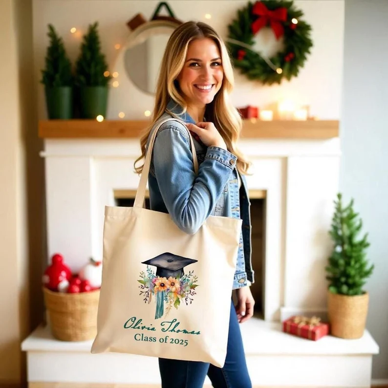 Personalized Graduation Tote Bags - Customized Name Canvas Bags as Gifts