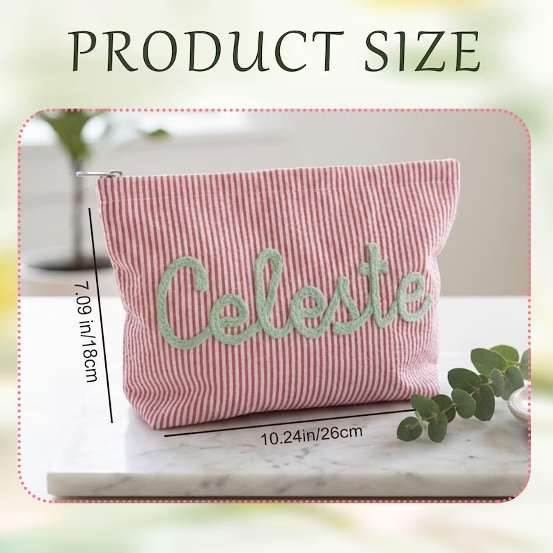 Customized seersucker cosmetic bag, vacation travel organizer, personalized chenille name toiletry bag, summer beach bag, cosmetic organizer, women's gift.