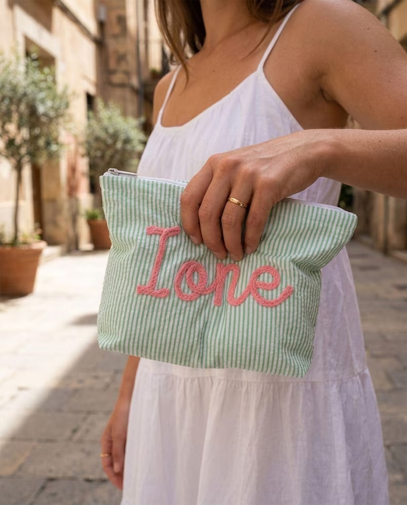 Customized seersucker cosmetic bag, vacation travel organizer, personalized chenille name toiletry bag, summer beach bag, cosmetic organizer, women's gift.