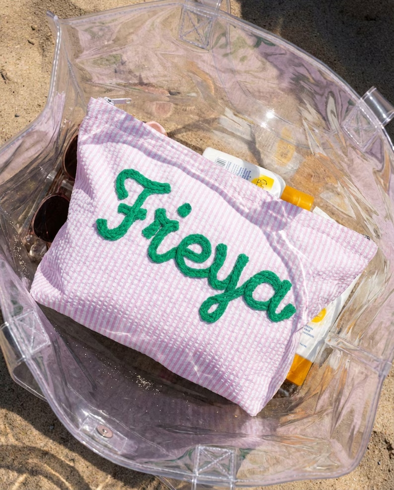 Customized seersucker cosmetic bag, vacation travel organizer, personalized chenille name toiletry bag, summer beach bag, cosmetic organizer, women's gift.