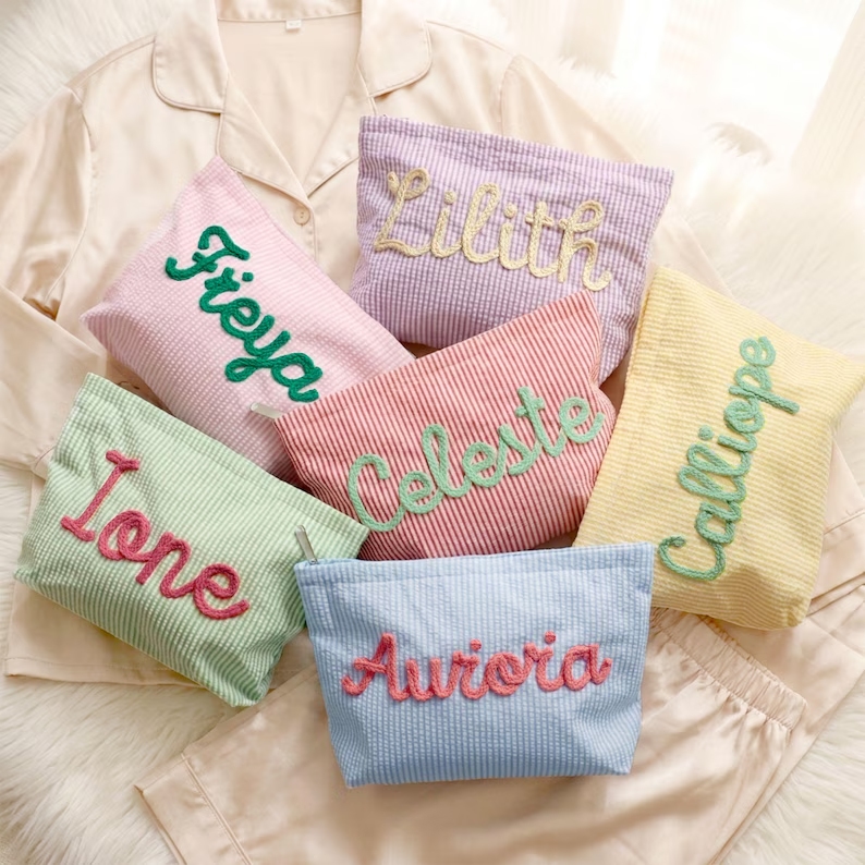 Customized seersucker cosmetic bag, vacation travel organizer, personalized chenille name toiletry bag, summer beach bag, cosmetic organizer, women's gift.