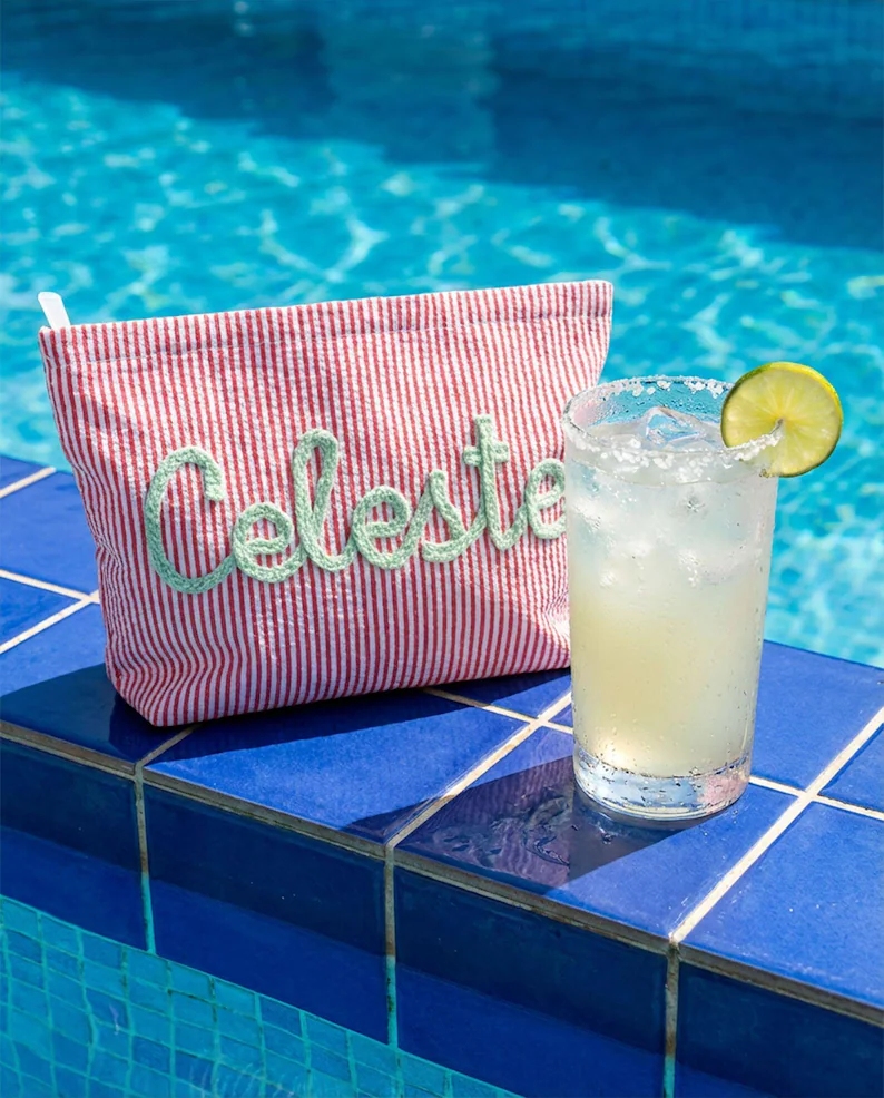 Customized seersucker cosmetic bag, vacation travel organizer, personalized chenille name toiletry bag, summer beach bag, cosmetic organizer, women's gift.