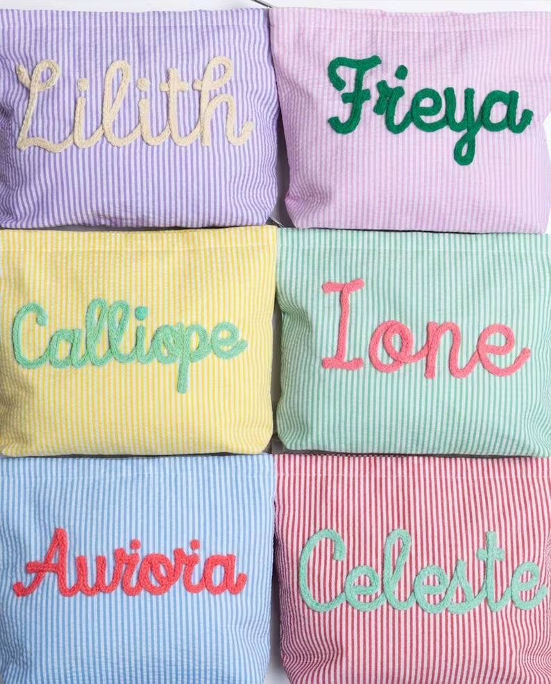 Customized seersucker cosmetic bag, vacation travel organizer, personalized chenille name toiletry bag, summer beach bag, cosmetic organizer, women's gift.