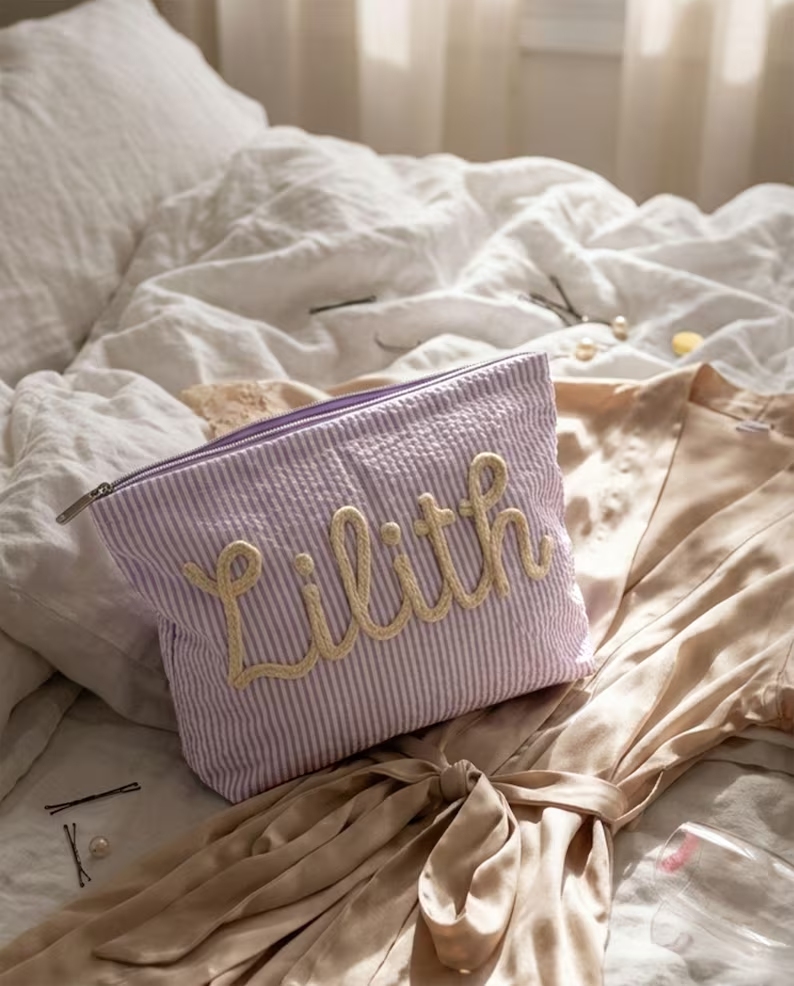 Customized seersucker cosmetic bag, vacation travel organizer, personalized chenille name toiletry bag, summer beach bag, cosmetic organizer, women's gift.