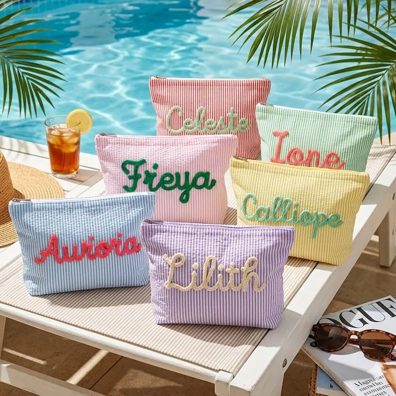 Customized seersucker cosmetic bag, vacation travel organizer, personalized chenille name toiletry bag, summer beach bag, cosmetic organizer, women's gift.