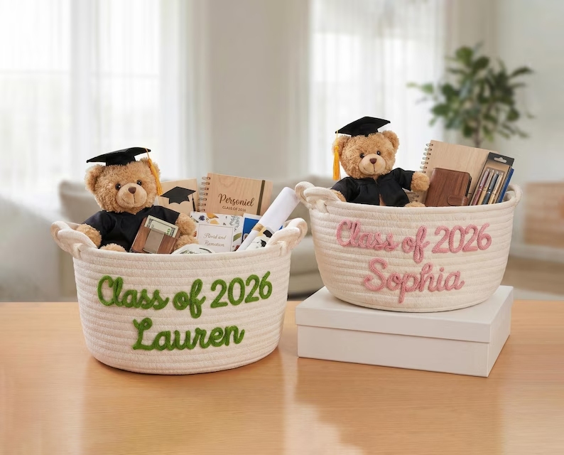 Personalized graduation gift baskets, custom-made name-strap storage boxes, gifts for graduates, decorations for high school/college graduation parties.