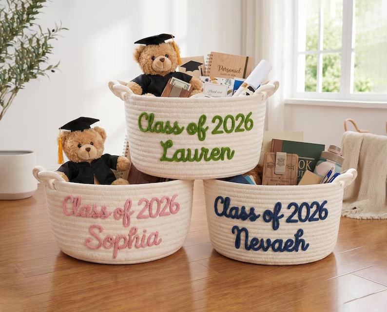 Personalized graduation gift baskets, custom-made name-strap storage boxes, gifts for graduates, decorations for high school/college graduation parties.
