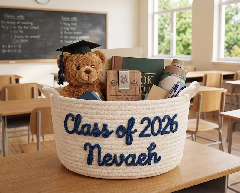 Personalized graduation gift baskets, custom-made name-strap storage boxes, gifts for graduates, decorations for high school/college graduation parties.