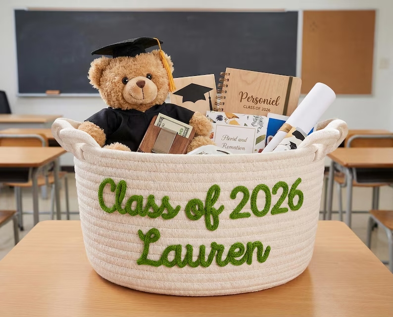 Personalized graduation gift baskets, custom-made name-strap storage boxes, gifts for graduates, decorations for high school/college graduation parties.