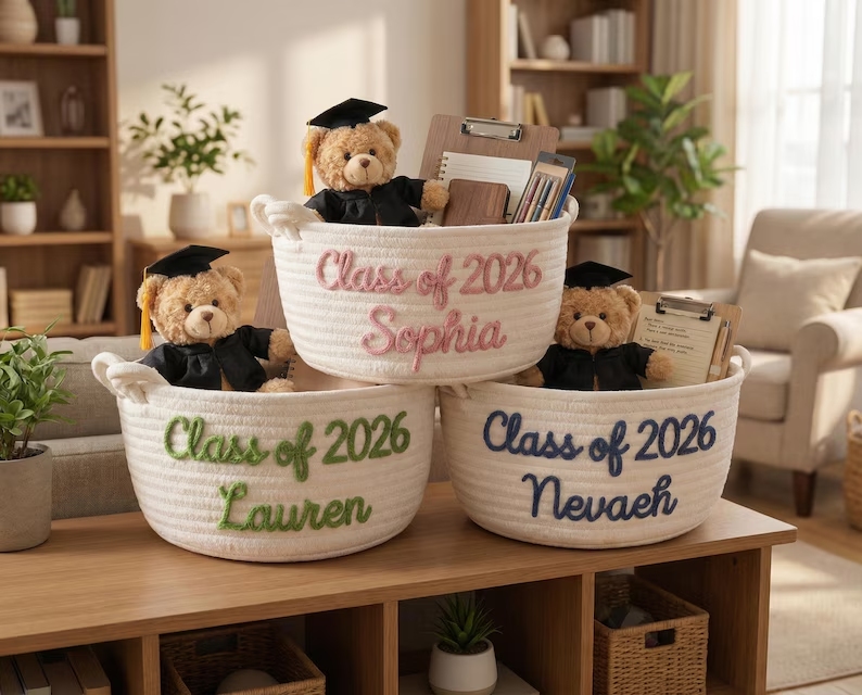 Personalized graduation gift baskets, custom-made name-strap storage boxes, gifts for graduates, decorations for high school/college graduation parties.