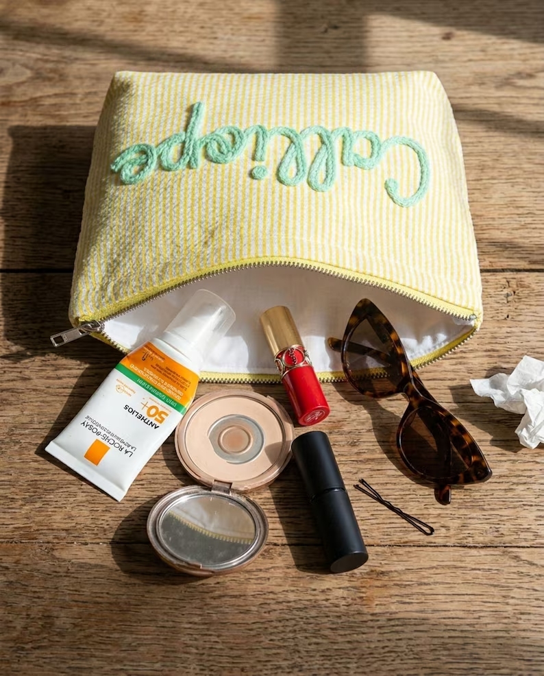 Customized seersucker cosmetic bag, vacation travel organizer, personalized chenille name toiletry bag, summer beach bag, cosmetic organizer, women's gift.