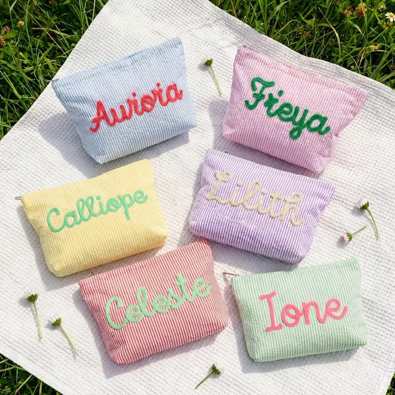 Customized seersucker cosmetic bag, vacation travel organizer, personalized chenille name toiletry bag, summer beach bag, cosmetic organizer, women's gift.