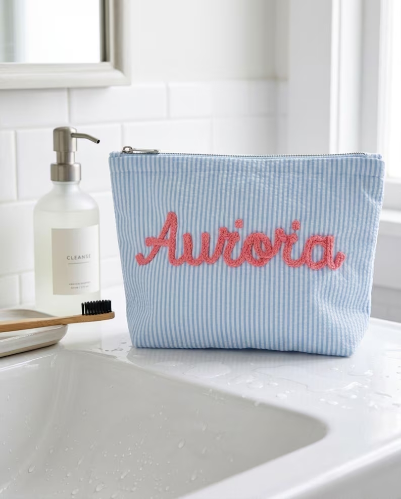 Customized seersucker cosmetic bag, vacation travel organizer, personalized chenille name toiletry bag, summer beach bag, cosmetic organizer, women's gift.