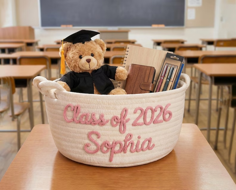 Personalized graduation gift baskets, custom-made name-strap storage boxes, gifts for graduates, decorations for high school/college graduation parties.