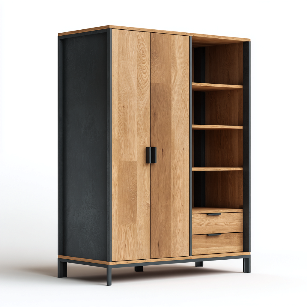 Armario madera y metal 90x40x170 cm - marrón-negro - diseño moderno-Pinegethaus