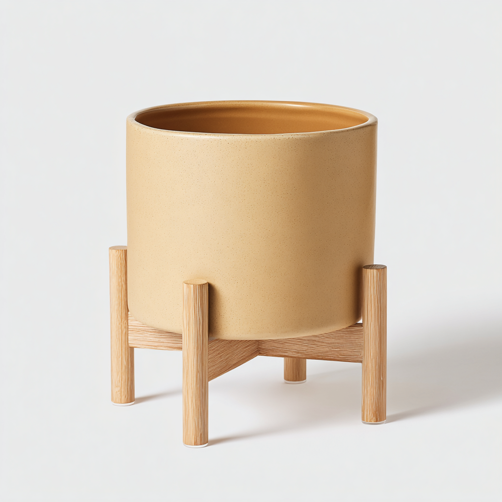 Maceteros y soportes cerámica y madera 28x28x35 cm - beige - diseño minimalista-Pinegethaus