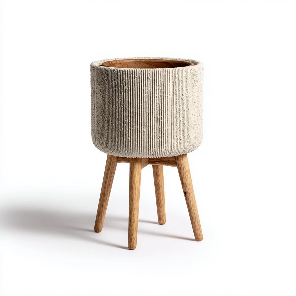 Maceteros y soportes cerámica y madera 26x26x50 cm - beige - diseño moderno-Pinegethaus