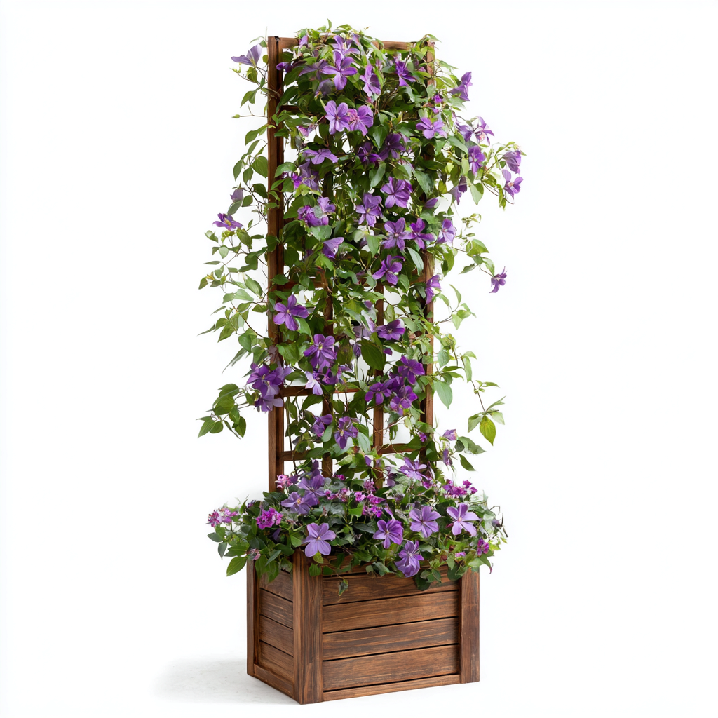 Macetero con celosía de madera 50x40x165 cm - marrón - diseño para trepadoras-Pinegethaus