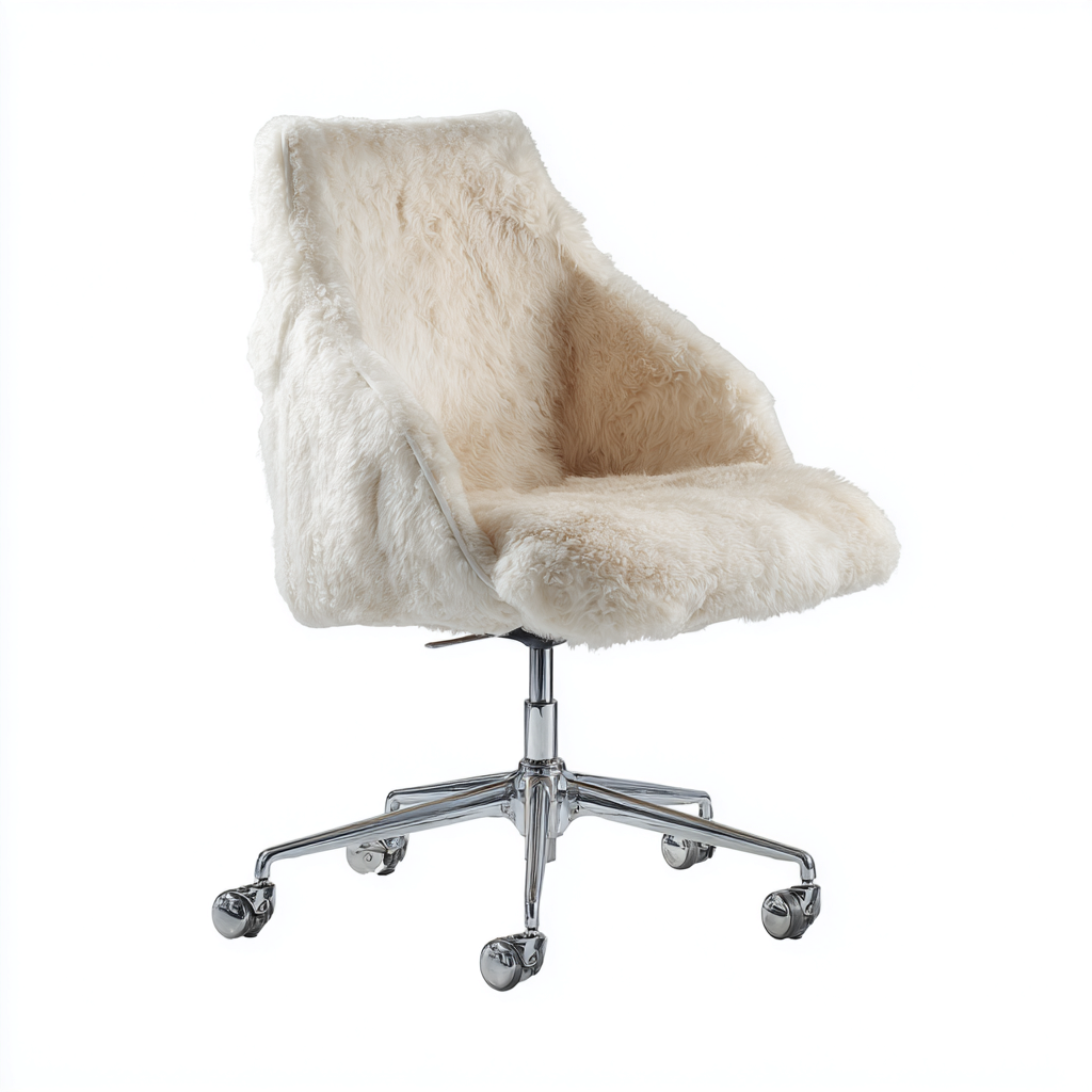 Silla de oficina piel sintética peluche metal 60x58x95 cm - blanco-cromado - diseño acogedor con ruedas-Pinegethaus