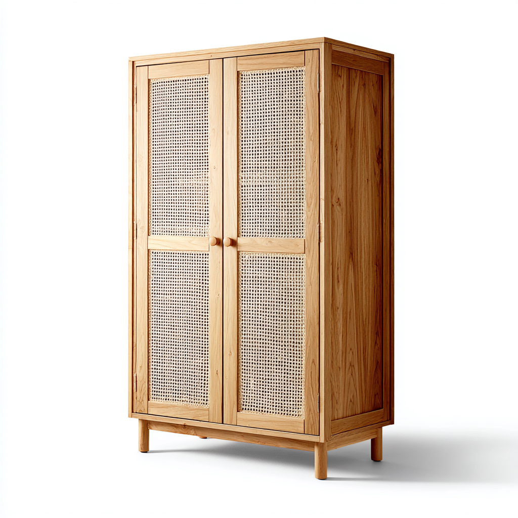Armario madera y ratán 90x50x180 cm - beige - diseño moderno-Pinegethaus