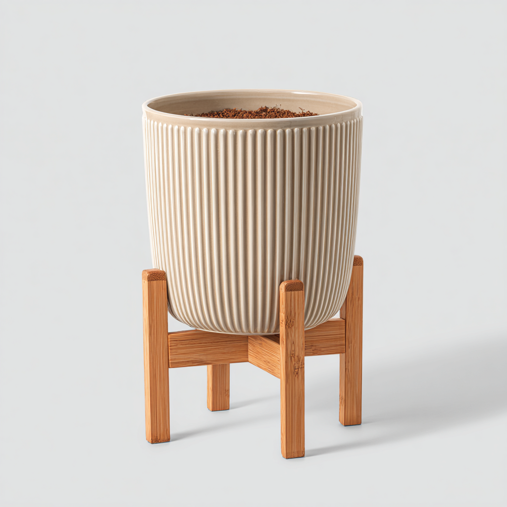 Maceteros y soportes cerámica con base de madera 28x28x40 cm beige diseño moderno para interior y exterior-Pinegethaus