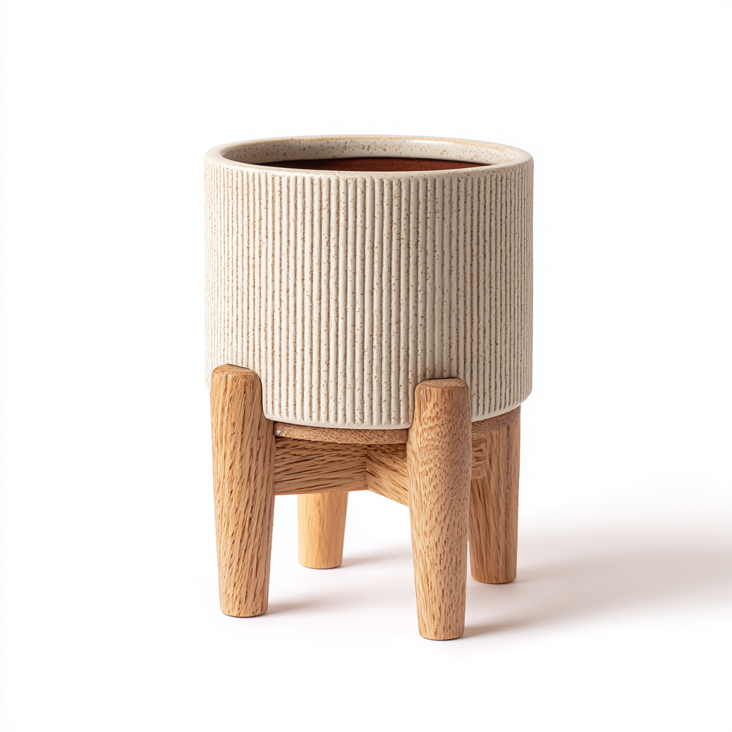 Macetero decorativo - cerámica-madera - 22x22x30 cm - beige-marrón - diseño elevado-Pinegethaus