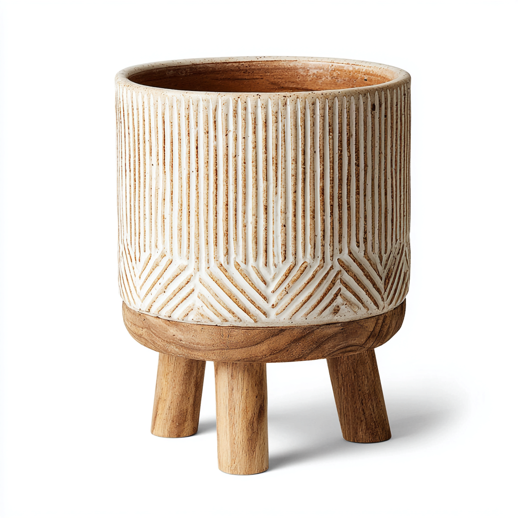 Macetero cerámico con base de madera 18x18x25 cm - beige-marrón - diseño decorativo-Pinegethaus