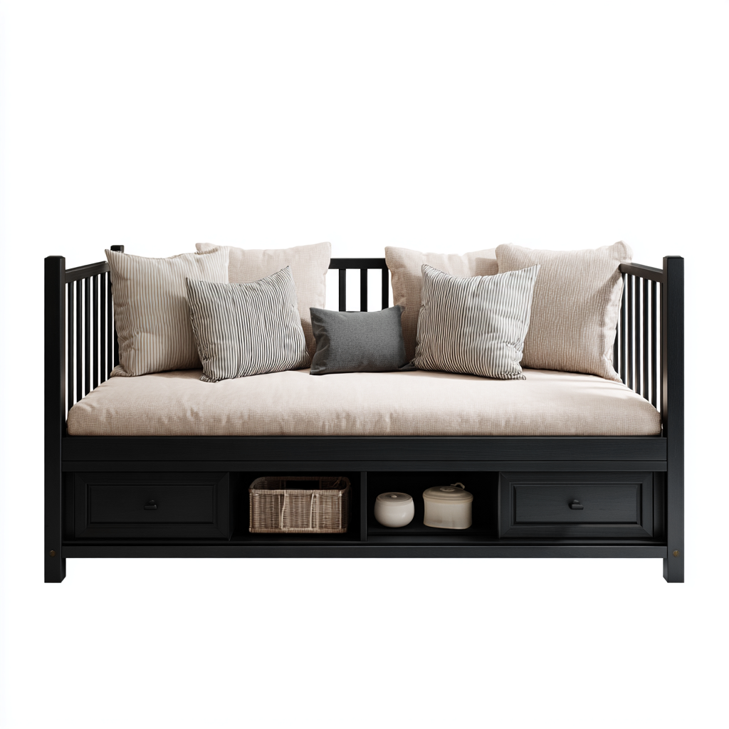 Sofá cama de madera 200x100x95 cm - negro - diseño clásico para dormitorio-Pinegethaus