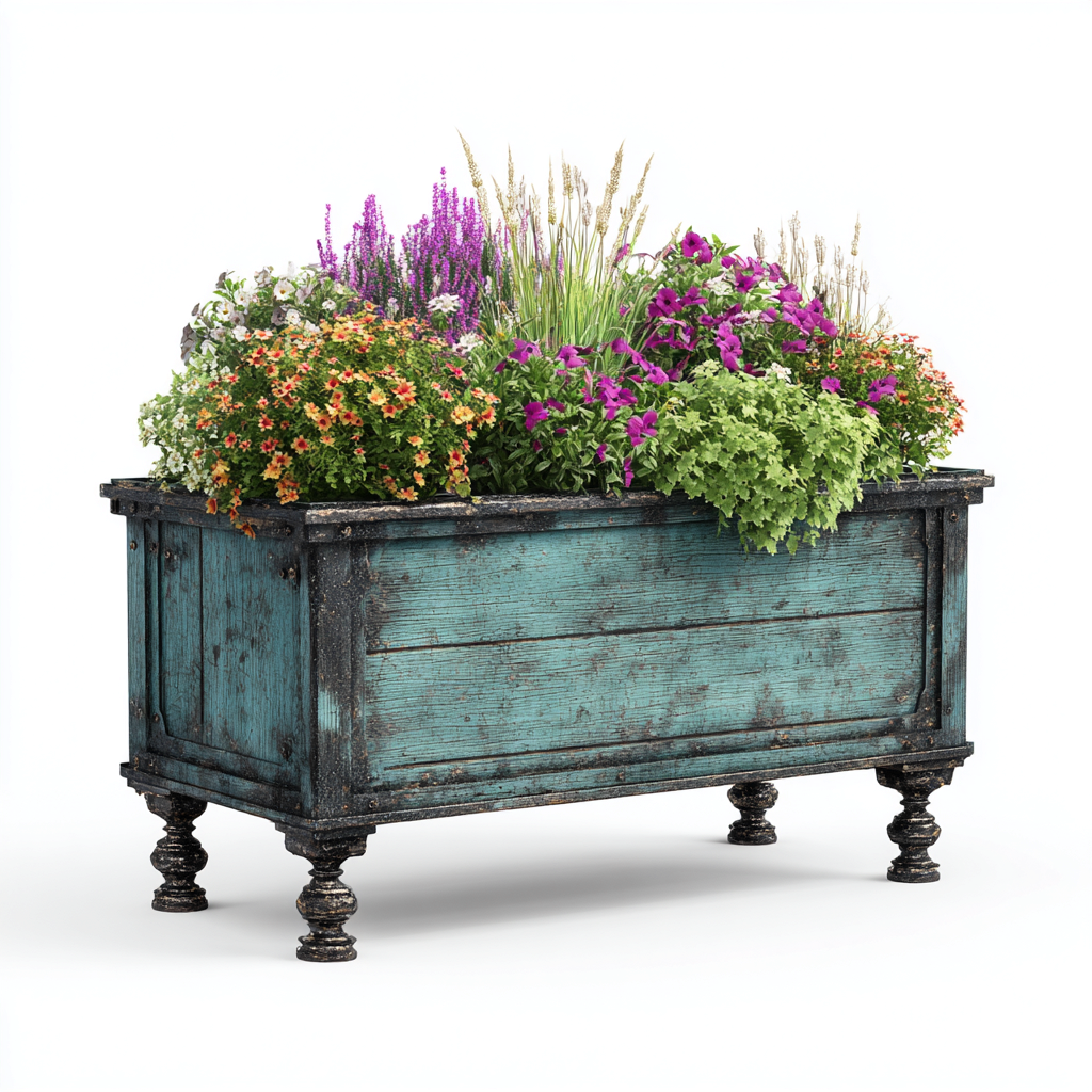 Macetero de madera con patas decorativas 90x40x55 cm - azul envejecido-negro - diseño vintage-Pinegethaus