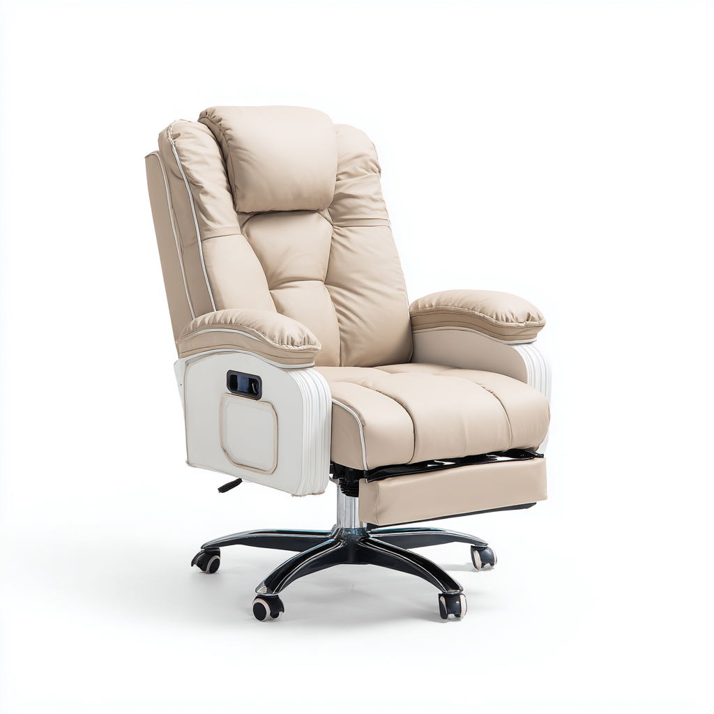 Silla de oficina reclinable cuero sintético 70x68x115 cm - beige-blanco - diseño ergonómico con reposapiés-Pinegethaus