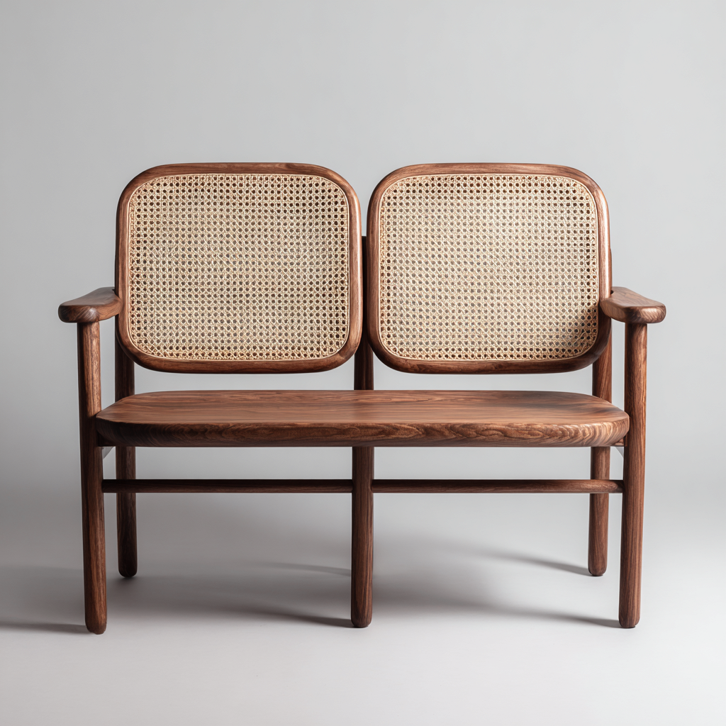 Banco de jardín madera y ratán 120x58x88 cm marrón-beige diseño natural moderno-Pinegethaus