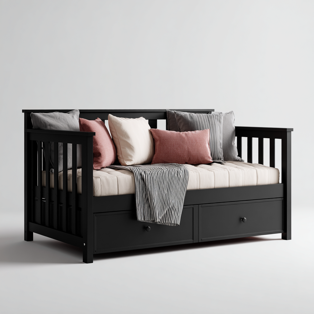 Sofá cama madera 200x95x90 cm negro para dormitorio - diseño moderno-Pinegethaus