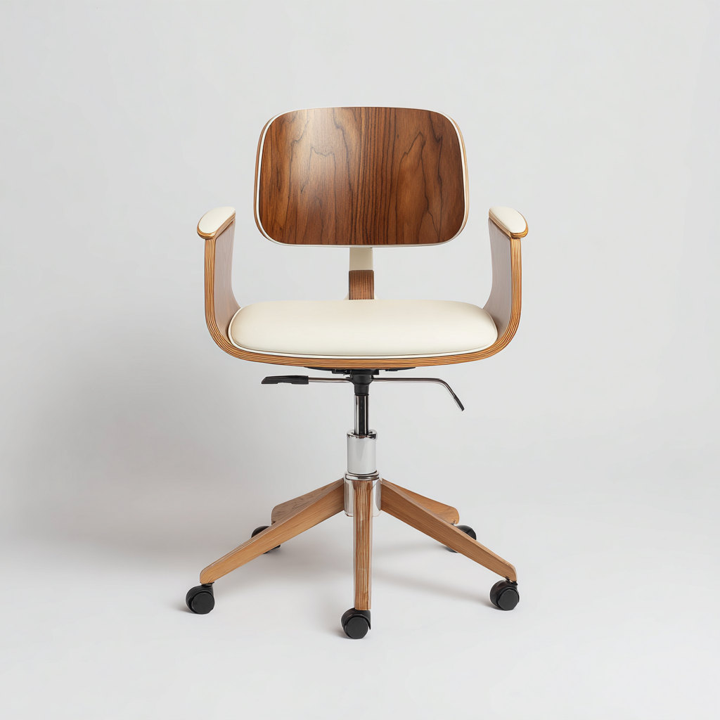 Silla de oficina madera cuero sintético 58x55x92 cm - nogal-marfil - diseño moderno con ruedas-Pinegethaus