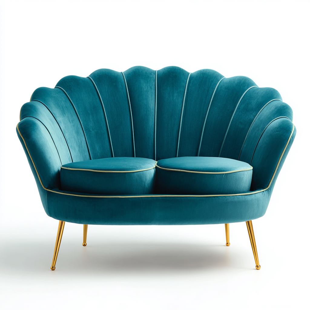 Sofá de 2 plazas de terciopelo 150x82x90 cm - verde azulado - apto para salón - diseño concha y patas doradas- Nestupden