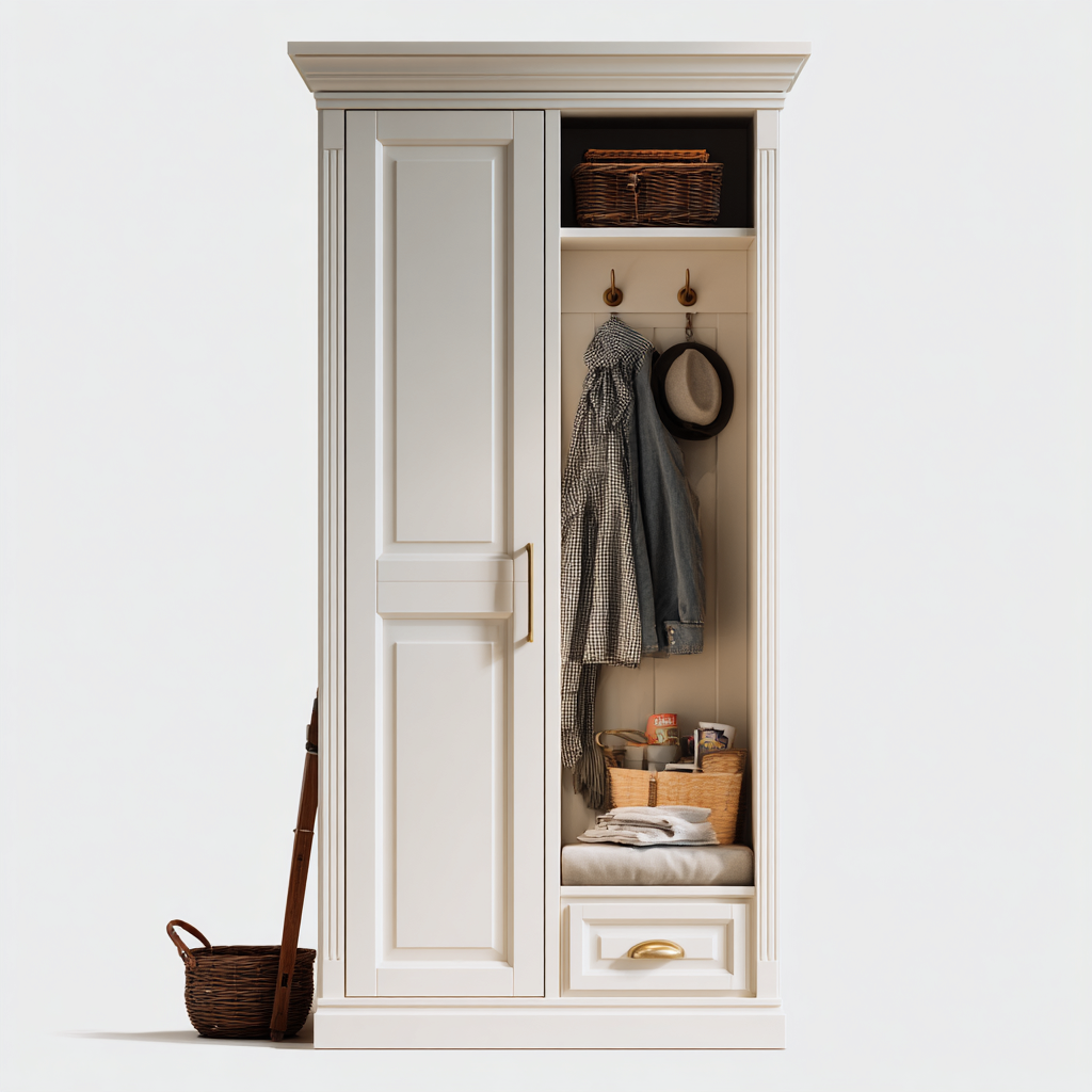 Perchero de madera con armario cajón y estantes 90x40x200 cm - blanco - apto para entrada - diseño clásico- Nestupden