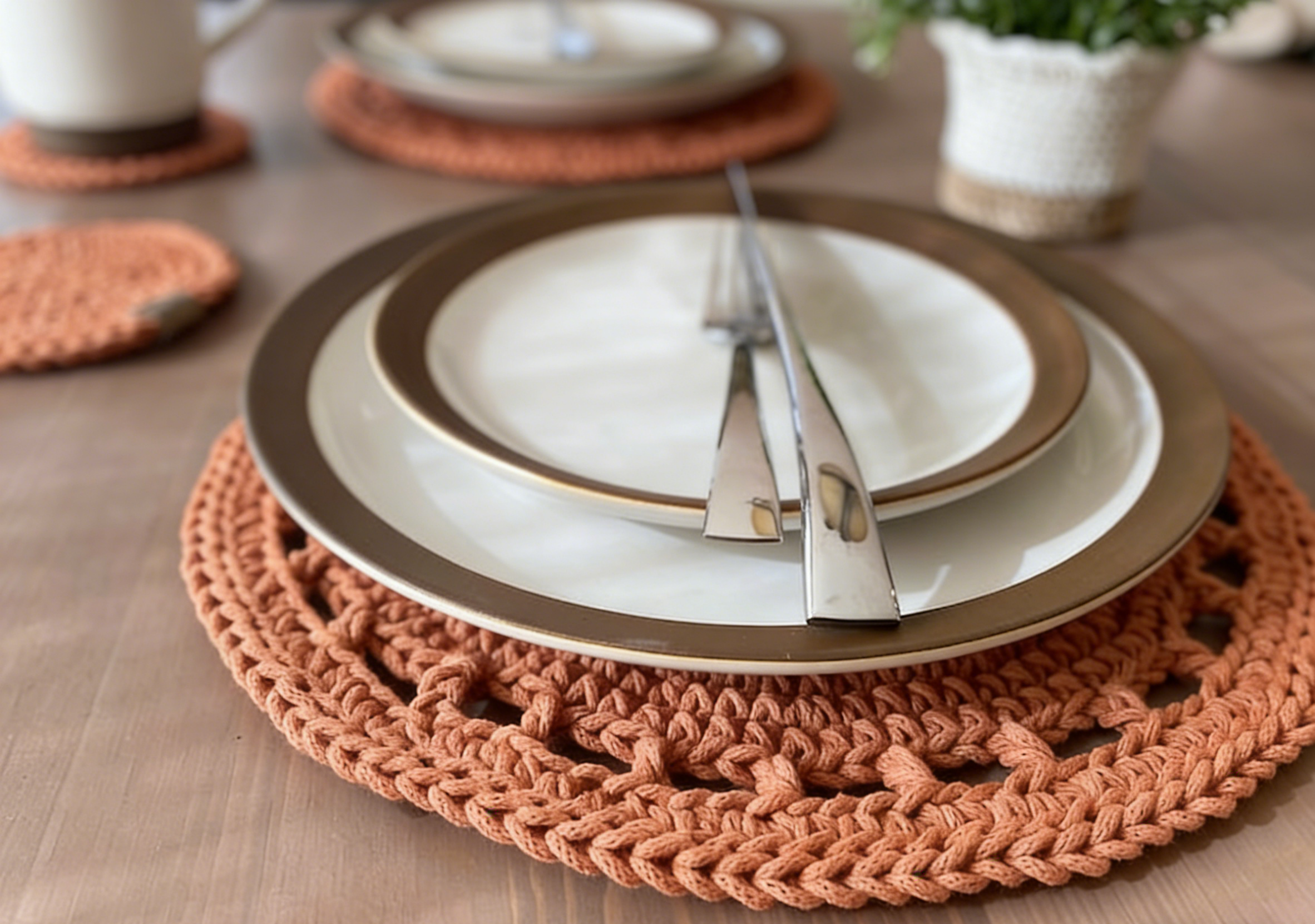 Set de table rond crocheté en coton, moderne, disponible en 2 tailles