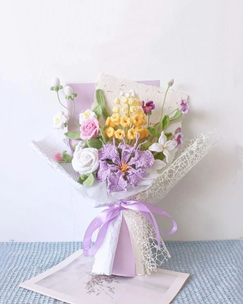 Bouquet de fleurs au crochet, tulipes colorées mariage romantique Noël