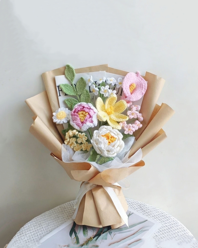 Bouquet de fleurs au crochet, marguerite pivoine lys calla