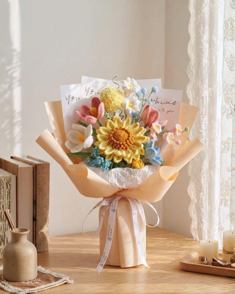 Bouquet de fleurs au crochet, tournesols cadeau remerciement professeur