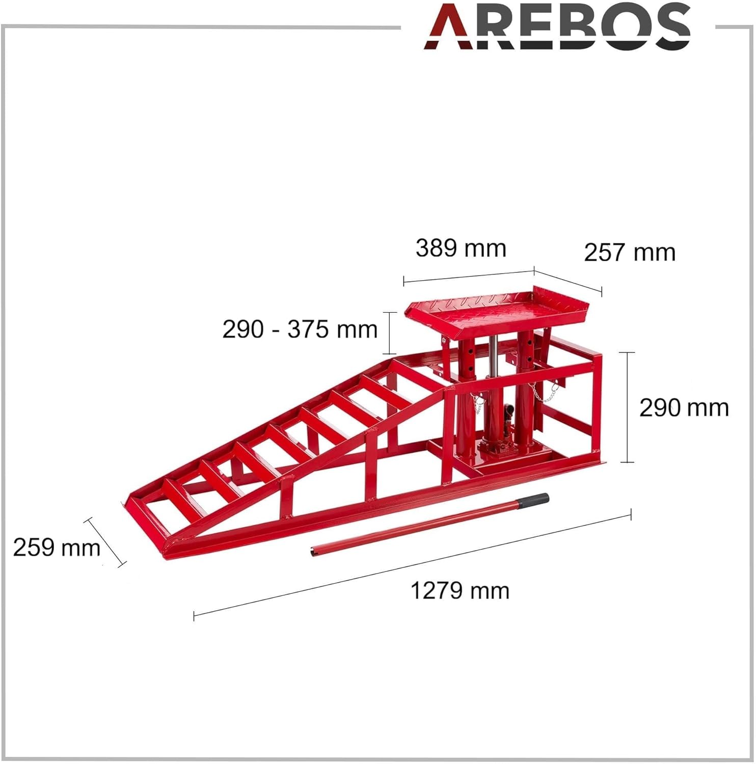 Arebos Lot de 2 Rampes d’Accès avec Cric Hydraulique 2T | Pont Élévateur Auto XXL | Largeur d’Accès 257 mm | Plateforme de Levage avec Soupape de Sécurité | Hauteur Réglable | Rouge