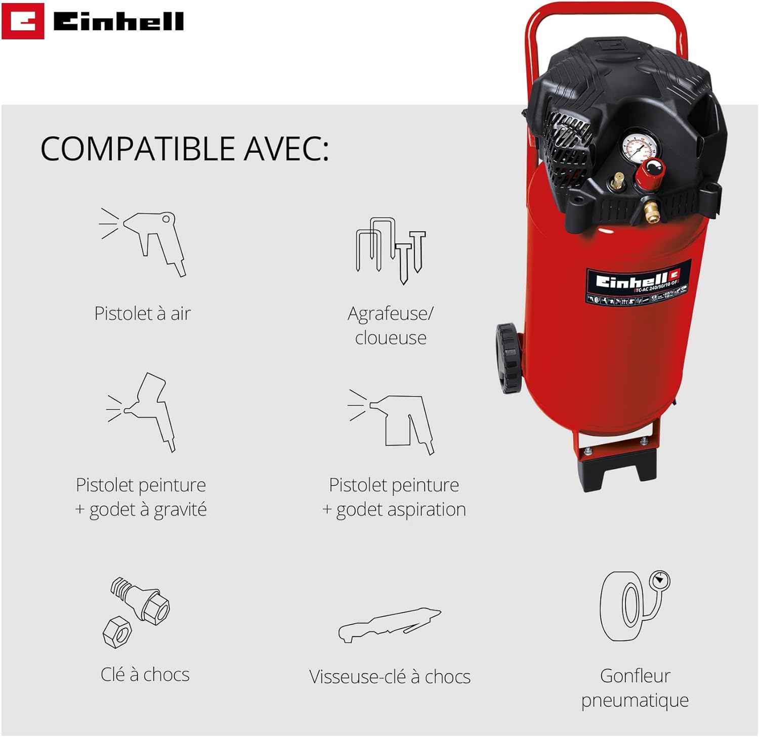 Einhell Compresseur à air vertical TH-AC 240/50/10 OF (1500W, Cuve de 50 L, Pression 10bar, Débit d'aspiration 240l/min, Moteur sans huile, Réducteur de pression)