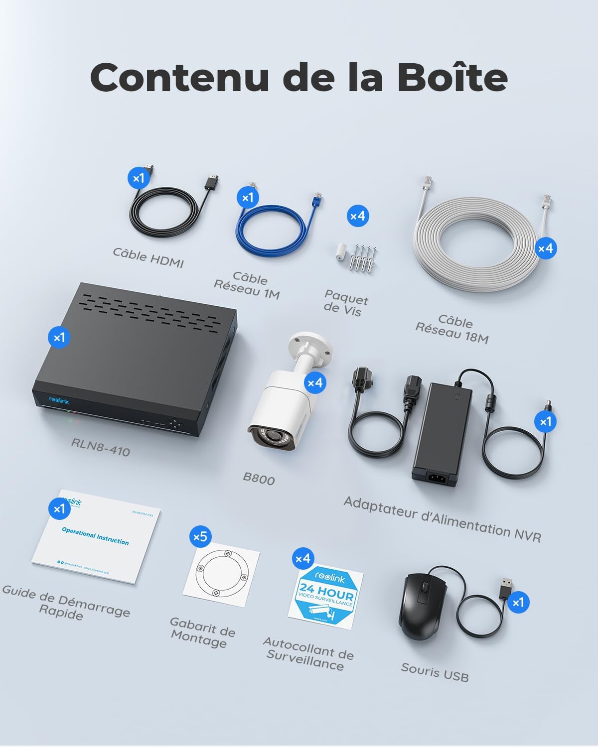 Reolink 4K Caméra de Surveillance Extérieure, Détection de Personne et Véhicule, Kit Vidéo Surveillance avec 8CH 2To NVR et Caméra IP PoE 4X 8MP, 30 Mètres Vision Nocturne avec Audio, RLK8-800B4