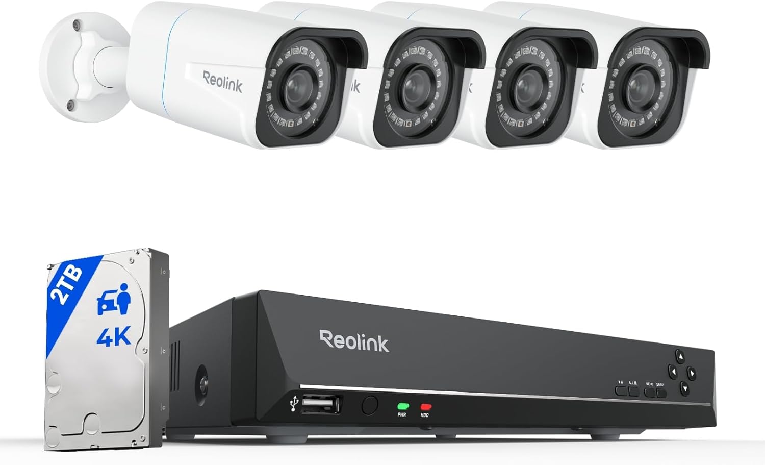 Reolink 4K Caméra de Surveillance Extérieure, Détection de Personne et Véhicule, Kit Vidéo Surveillance avec 8CH 2To NVR et Caméra IP PoE 4X 8MP, 30 Mètres Vision Nocturne avec Audio, RLK8-800B4