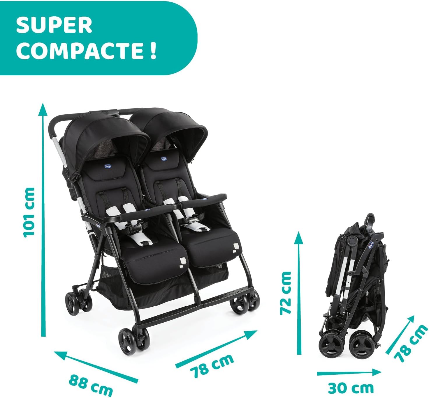 Chicco OHlalà Poussette Double Tandem, Légère Inclinable et Pliable, pour Jumeaux dès la Naissance jusqu’à 15 kg, Fermeture Compacte, Housse de Pluie Incluse, Capote Extensible – Noir