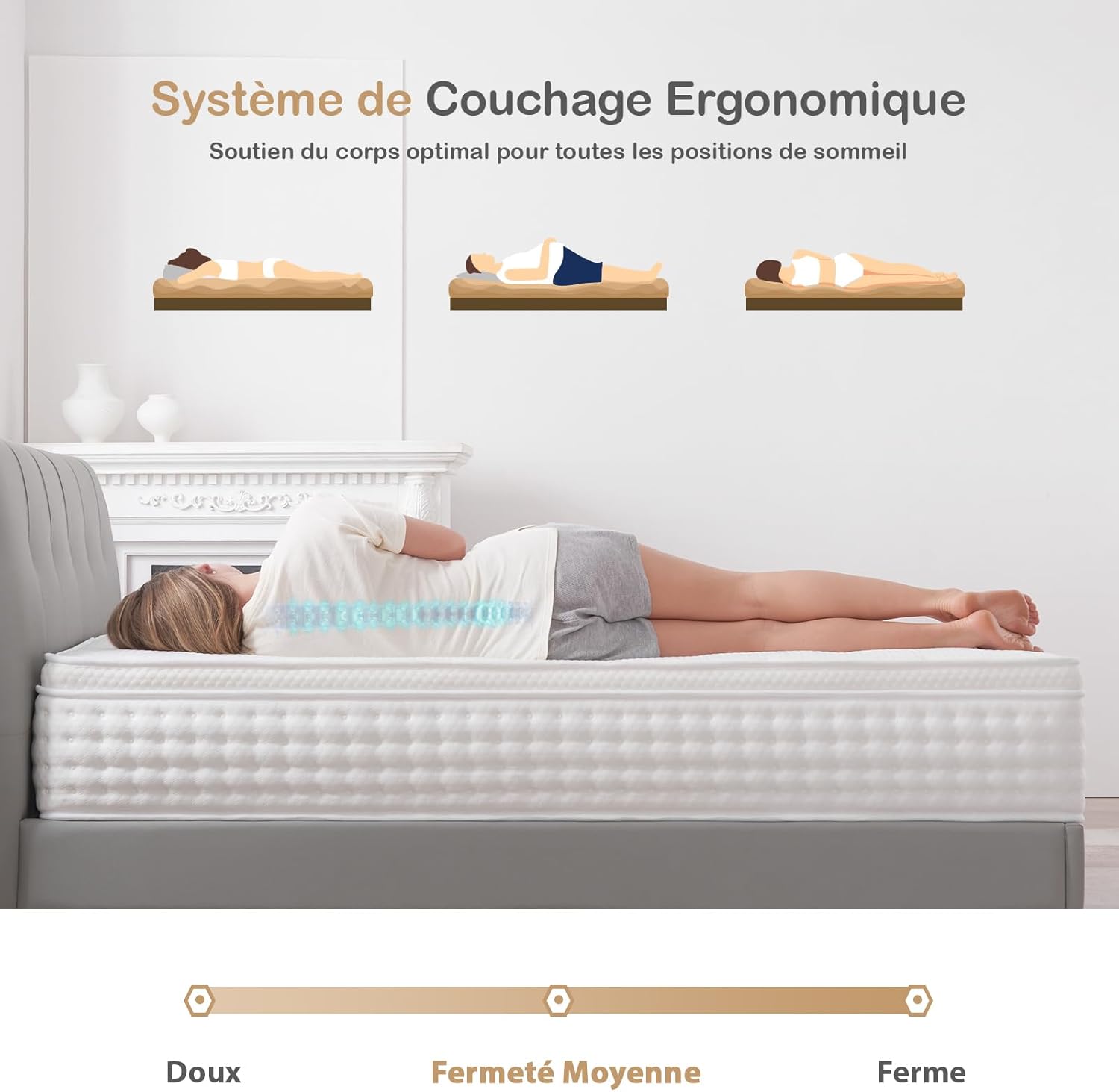 Hiepunos Matelas 180x200 cm, Épaisseur 26cm, Hybride Matelas, Matelas à Ressorts Ensachés et à Mémoire de Forme, H3 Moyenne Ferme, 7 Zones de Confort, Respirant, Soutien Parfait, (Blanc)
